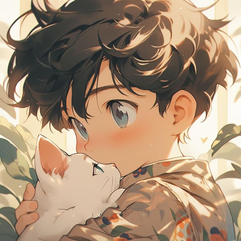 一个男孩抱着一只猫的动漫头像